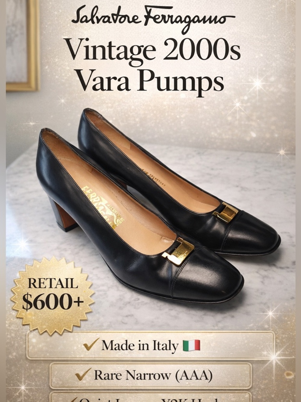 Salvatore Ferragamo 2000s Black Leather Vara Pumps with Gold Buckle